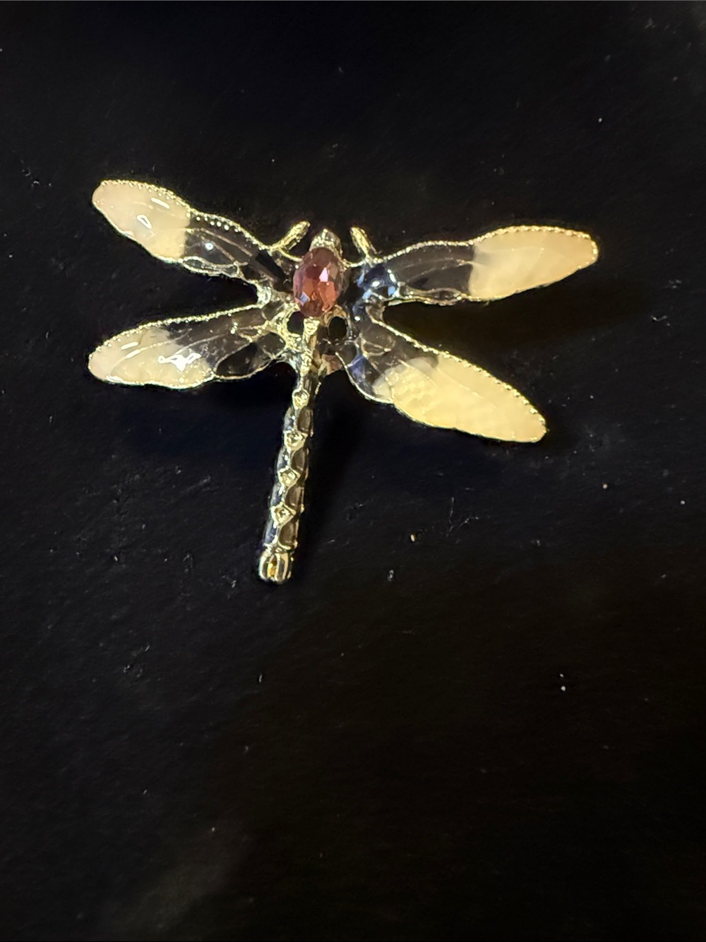 Gold and Cream Dragonfly Brooch with Pink Crystal Accent